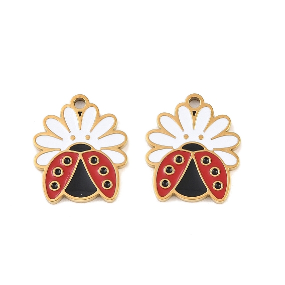 304 acier inoxydable émail pendentifs, coccinelle avec breloques en forme de fleur, placage ionique (ip)