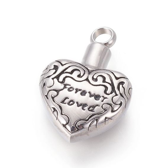 Retro 304 Stainless Steel Pendants, Perfume Bottle, Heart with Word Forever Loved, For Valentine's Day