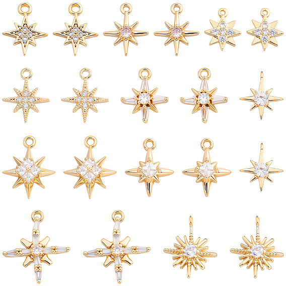 20Pcs 10 Styles Brass Micro Pave Cubic Zirconia Pendants, Star Charms