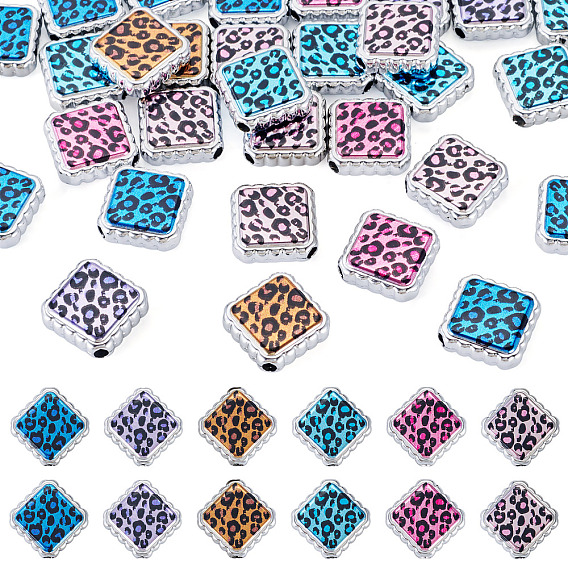30Pcs UV Plating Printed Opaque Acrylic Beads, Square with Leopard Print