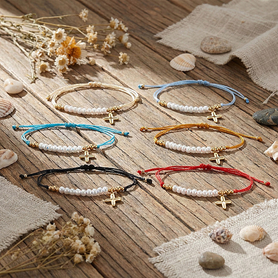 304 из нержавеющей стали крест шарм браслеты, Регулируемые браслеты из латуни и круглых бусин из искусственного жемчуга для женщин.
