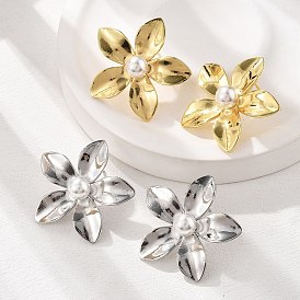 Серьги-гвоздики из латуни, АБС-пластика, искусственный жемчуг, цветок, долговечный, без свинца и без кадмия