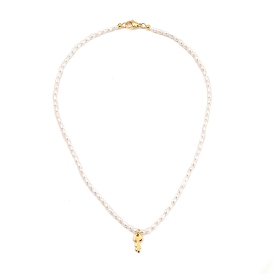 Key Brass Pendant Necklaces, with Natural Cultured Freshwater Pearl Beads and 304 Stainless Steel Lobster Claw Clasps