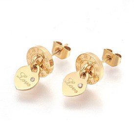 304 Stainless Steel Stud Earrings, with Rhinestone, Flat Round with Heart Lock