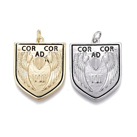 Brass Enamel Pendants, with Jump Rings, Long-Lasting Plated, Shield with Wings & Word, Black