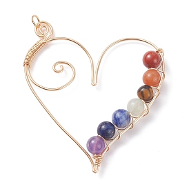 Natural Gemstone Big Pendants, Natural Red Rainbow Jasper & Yellow Aventurine & Tiger Eye & Green Aventurine & Blue Spot Stone & Lapis Lazuli & Amethyst, with Brass Findings, Heart