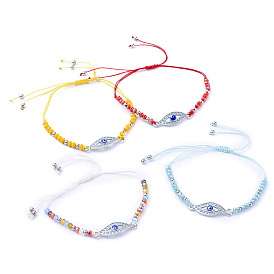 Pulseras de cuentas trenzadas de hilo de nylon ajustable, con 201 bolas de acero inoxidable, perlas de vidrio y eslabones de aleación de esmalte, mal de ojo