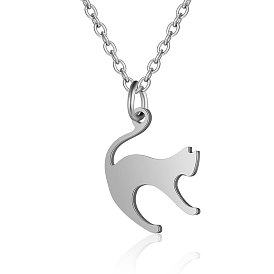 201 Stainless Steel Kitten Pendant Necklaces, with Cable Chains, Stretching Cat
