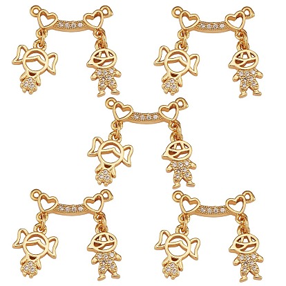 5Pcs Brass Micro Pave Clear Cubic Zirconia Pendants, Long-Lasting Plated, Girl and Boy Pendant