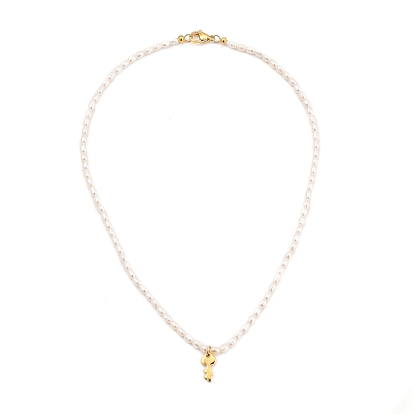 Key Brass Pendant Necklaces, with Natural Cultured Freshwater Pearl Beads and 304 Stainless Steel Lobster Claw Clasps