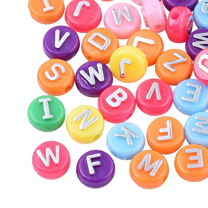 Plating Opaque Acrylic Beads, Metal Enlaced, Flat Round with Letter