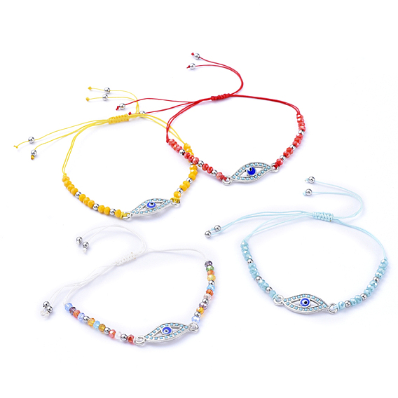 Adjustable Nylon Thread Braided Bead Bracelets, with 201 Stainless Steel Beads, Glass Beads and Alloy Enamel Links, Evil Eye