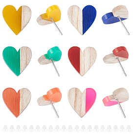 Resin & Wood Stud Earrings, with 304 Stainless Steel Pin, and Plastic Ear Nuts, Heart