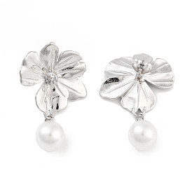 Flower 304 Stainless Steel Stud Earrings, ABS Plastic Imitation Pearl Dangle Earring for Women