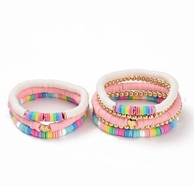 Synthetic Hematite & Polymer Clay Heishi Stretch Bracelets Set with Heart Brass Beads for Mother and Kids
