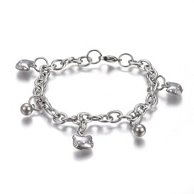 304 bracelets à breloques chaton en acier inoxydable, avec 201 anneau en acier inoxydable, avec fermoir pince de homard, tête ronde et chat