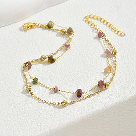 Fashionable Brass Natural Amethyst & Citrine & Rose Quartz & Prehnite & Quartz Crystal Double Layers Anklets for Women's Beachwear