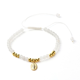 Round Natural White Jade Braided Bead Bracelet for Girl Women, Oval with Virgin Mary Brass Charm Bracelet, Golden