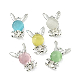 UV Plating Alloy Rhinestone Pendants, with Glass Imitation Cat Eye, Cadmium Free & Lead Free, Platinum, Rabbit