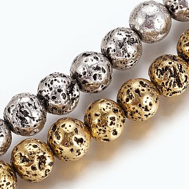Electroplated Natural Lava Rock Beads Strands, Long-Lasting Plated, Round