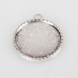 Vintage Tibetan Style Alloy Pendant Cabochon Settings, Cadmium Free & Lead Free, Plain Edge Bezel Cups, Flat Round Tray: 30mm, 38x34x3mm, Hole: 3mm, about 127pcs/kg