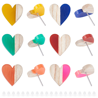 Resin & Wood Stud Earrings, with 304 Stainless Steel Pin, and Plastic Ear Nuts, Heart