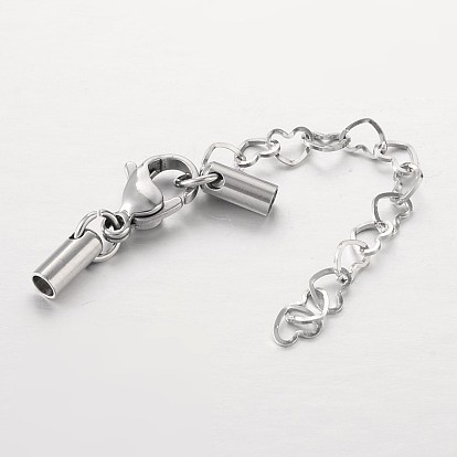 304 Stainless Steel Chain Extender, with Lobster Claw Clasps, Cord Ends and Heart Link Chains