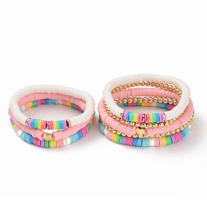 Synthetic Hematite & Polymer Clay Heishi Stretch Bracelets Set with Heart Brass Beads for Mother and Kids