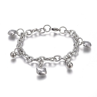 304 bracelets à breloques chaton en acier inoxydable, avec 201 anneau en acier inoxydable, avec fermoir pince de homard, tête ronde et chat