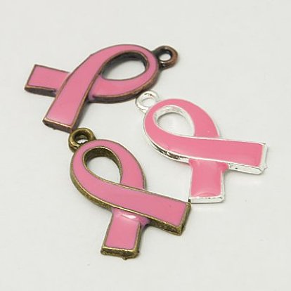October Breast Cancer Pink Awareness Ribbon Alloy Enamel Pendants, 25x15x2mm, Hole: 2mm