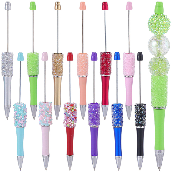12Pcs 12 Styles Plastic Beadable Pens, Shaft Black Ink Ballpoint Pen, for DIY Pen Decoration