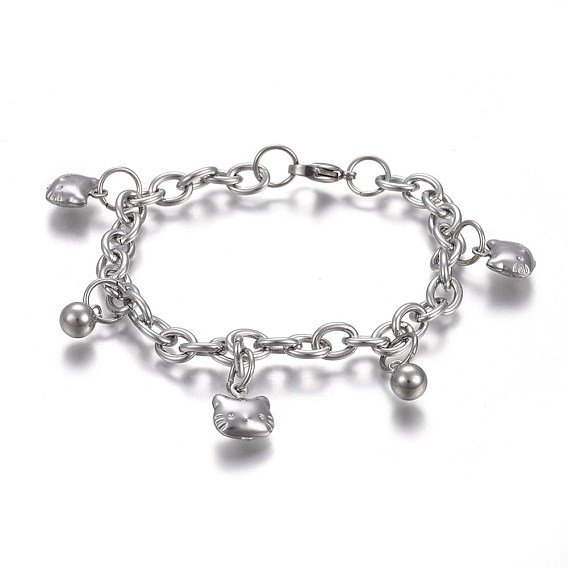304 Kätzchen-Bettelarmbänder aus Edelstahl, mit 201 Edelstahlring, mit Karabiner verschlüsse, runder und Katzenkopf