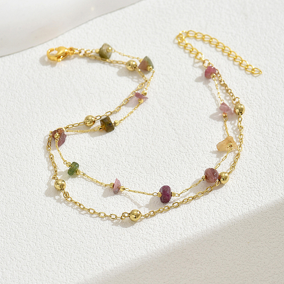 Модные двухслойные браслеты на лодыжку из латуни с натуральным аметистом, цитрином, розовым кварцем, пренитом и кварцевым кристаллом для женской пляжной одежды