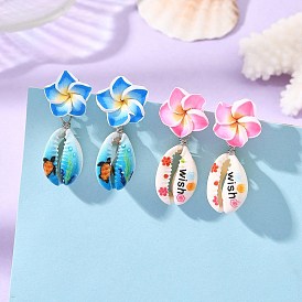 Pendientes colgantes de arcilla polimérica hechos a mano con forma de flor de plumeria y concha de cauri estampada con la palabra "flor" para mujer., flor y concha
