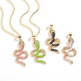 Bohemian Snake Pendant Necklace with Oil Drop Inlaid Diamonds for Women - Festival Gift