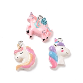 Opaque Resin Pendants, with Glitter Powder and Platinum Tone Iron Loops, Unicorn Charm