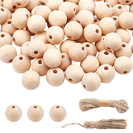 180Pcs Round Natural Unfinished Wood Beads, Jute Cord and Tassels, for DIY Hanging Wall Decorations Making Kit