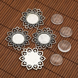 Tibetan Style Alloy Flower Connector Cabochon Bezel Settings and Flat Round Transparent Glass Cabochons, Tray: 18mm, 39x35mm, Hole: 3mm, Glass Cabochons: 18mm