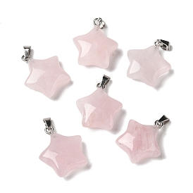 Natural Rose Quartz Pendants, Star Charms with 201 Stainless Steel Snap on Bails, Stainless Steel Color