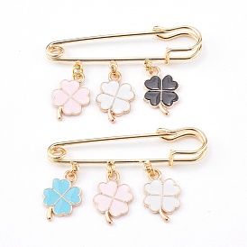 Brass Safety Brooch, with Alloy Enamel Pendants, Clover, Golden