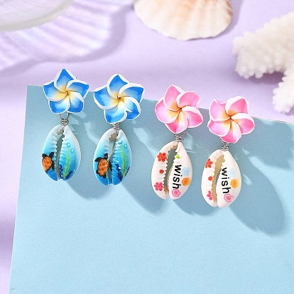 Pendientes colgantes de arcilla polimérica hechos a mano con forma de flor de plumeria y concha de cauri estampada con la palabra "flor" para mujer., flor y concha