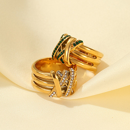 Golden Stainless Steel Rhinestone Wide Band Rings