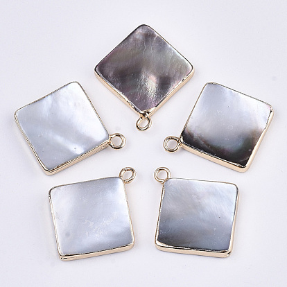 Natural Black Lip Shell Pendants, with Edge Brass Golden Plated and Iron Loops, Half Drilled, Rhombus