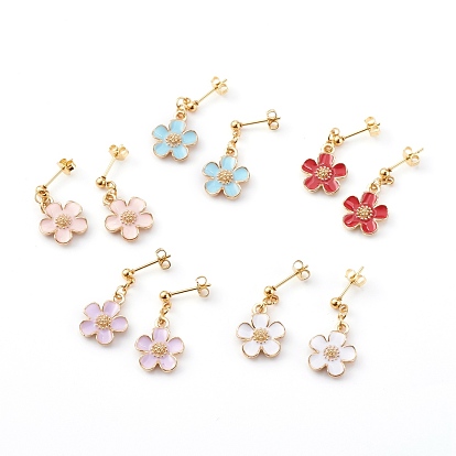 Zinc Alloy Flower Dangle Stud Earrings, with 304 Stainless Steel Earring Findings and Ear Nuts, Golden