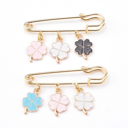 Brass Safety Brooch, with Alloy Enamel Pendants, Clover, Golden