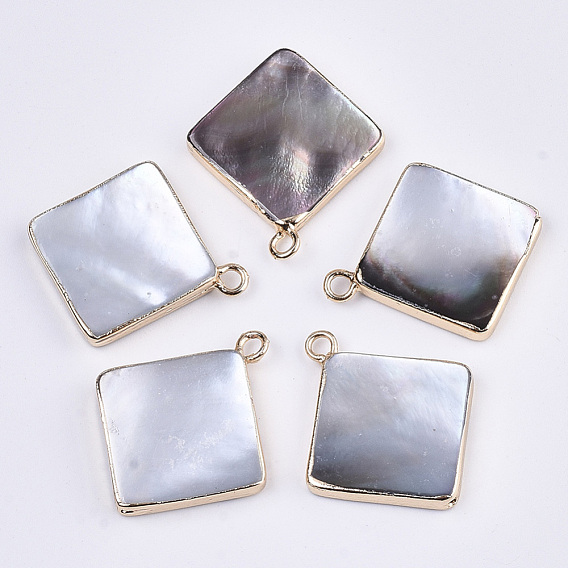 Natural Black Lip Shell Pendants, with Edge Brass Golden Plated and Iron Loops, Half Drilled, Rhombus