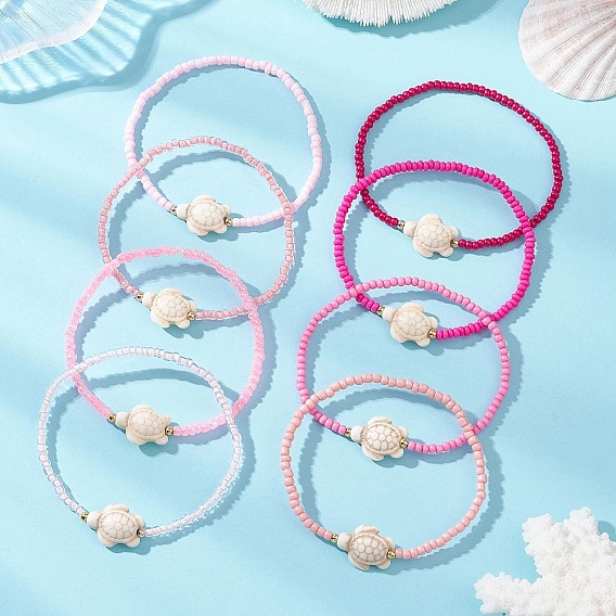 8 Набор эластичных браслетов из стеклянного бисера и синтетического бирюзового бисера в форме черепахи для женщин