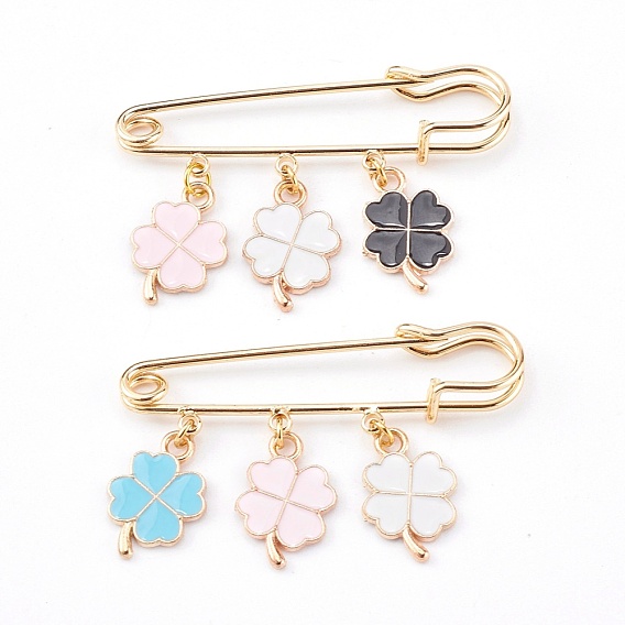 Brass Safety Brooch, with Alloy Enamel Pendants, Clover, Golden
