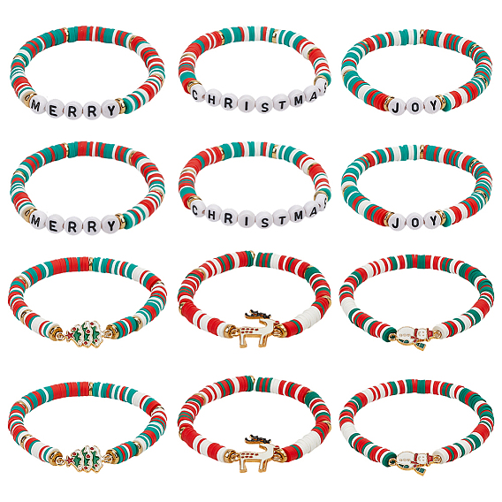 2 Наборы браслетов из полимерной глины в рождественской тематике, украшенных бусинами, эластичные., Набор браслетов из эмалированного сплава для мужчин и женщин