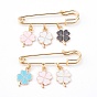 Brass Safety Brooch, with Alloy Enamel Pendants, Clover, Golden